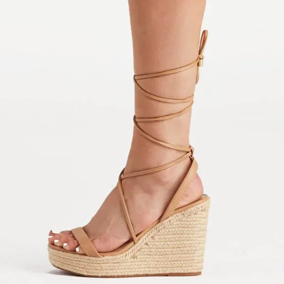 NEW Lace-Up Ankle Wrap Faux Leather Straps Espadrille Wedge Sandals Natural Nude - Picture 3 of 10